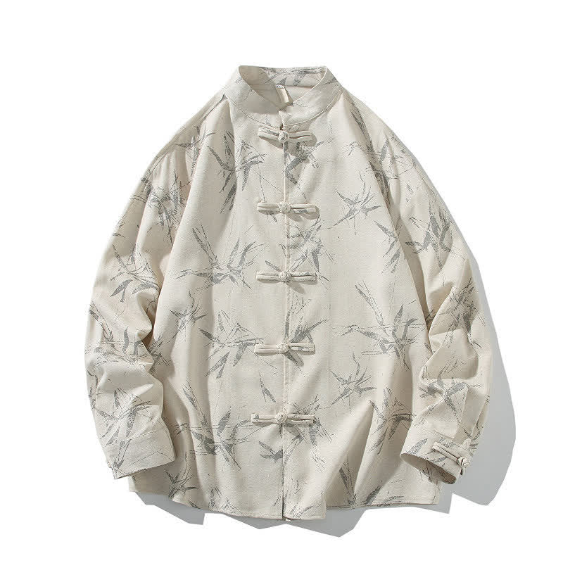 Buddha Stones Spring Casual Tang Style Frog Button Bamboo Print Men's Long Sleeve Shirts - image 6