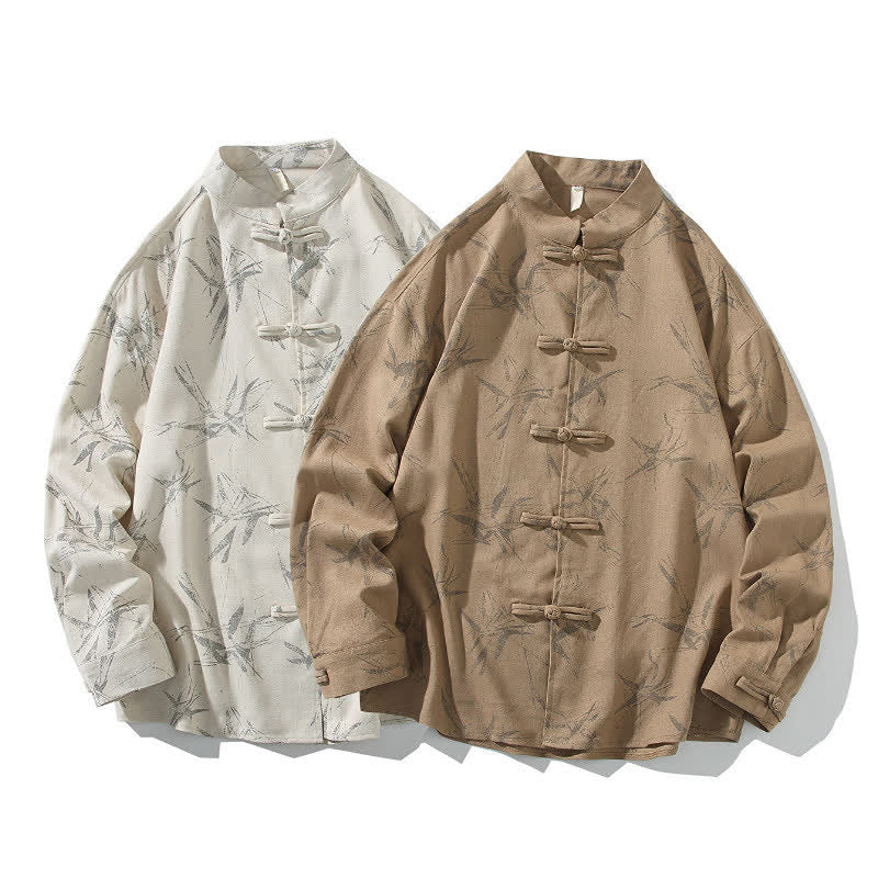 Buddha Stones Spring Casual Tang Style Frog Button Bamboo Print Men's Long Sleeve Shirts - image 20