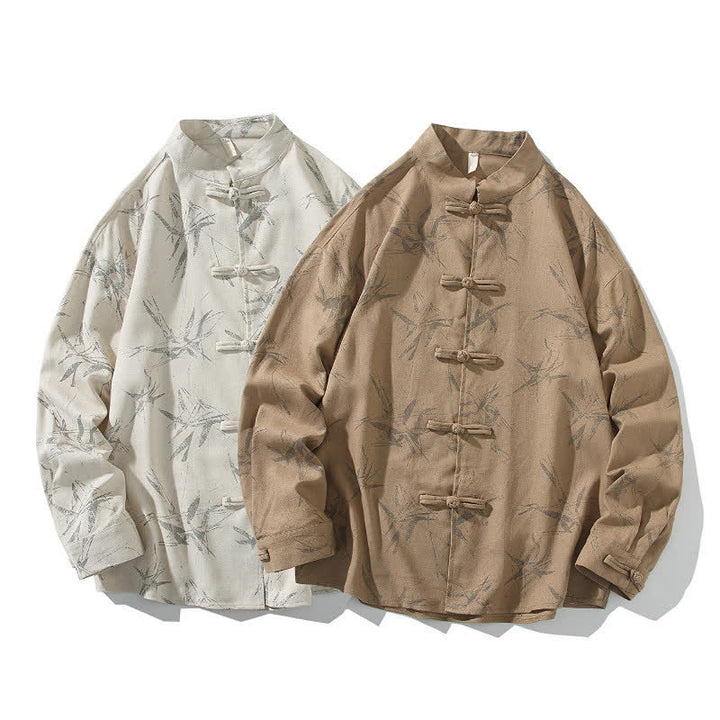 Buddha Stones Spring Casual Tang Style Frog Button Bamboo Print Men's Long Sleeve Shirts - image 20