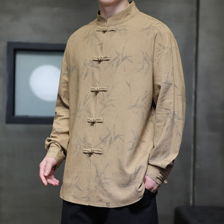 Buddha Stones Spring Casual Tang Style Frog Button Bamboo Print Men's Long Sleeve Shirts - image 17