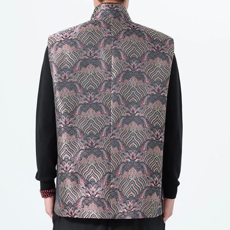 Buddha Stones Fall Tang Style Elegant Mandarin Collar Sea Waves Floral Pattern Tank Top Men's Vest - image 3