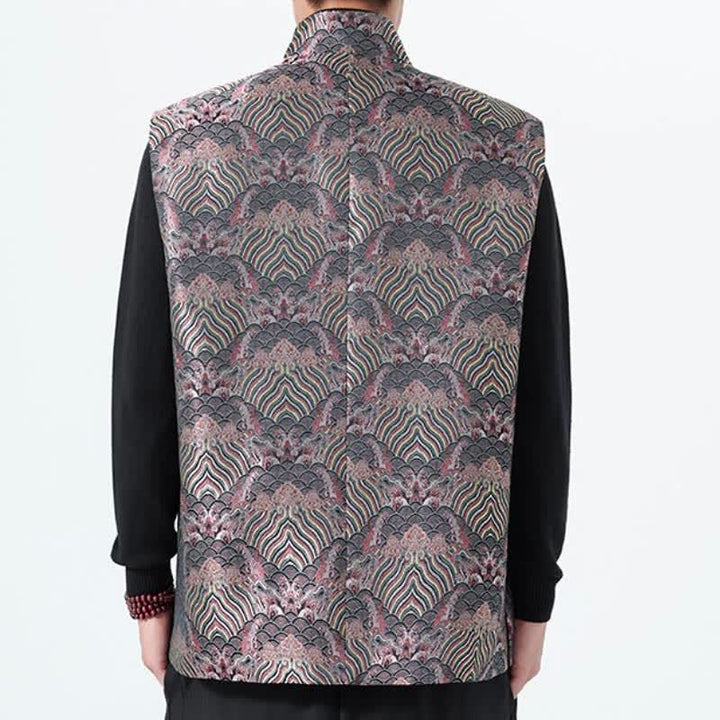 Buddha Stones Fall Tang Style Elegant Mandarin Collar Sea Waves Floral Pattern Tank Top Men's Vest - image 3