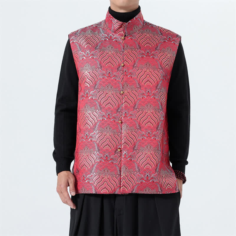 Buddha Stones Fall Tang Style Elegant Mandarin Collar Sea Waves Floral Pattern Tank Top Men's Vest - Crimson - US/UK/AU46，EU56 (5XL) - image 9
