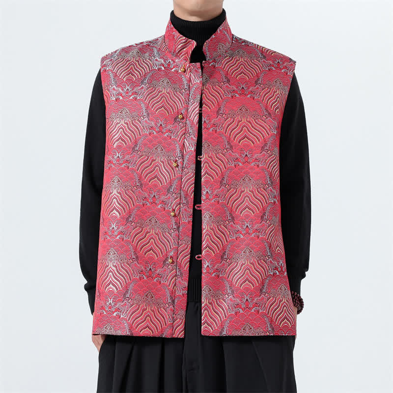 Buddha Stones Fall Tang Style Elegant Mandarin Collar Sea Waves Floral Pattern Tank Top Men's Vest - image 14