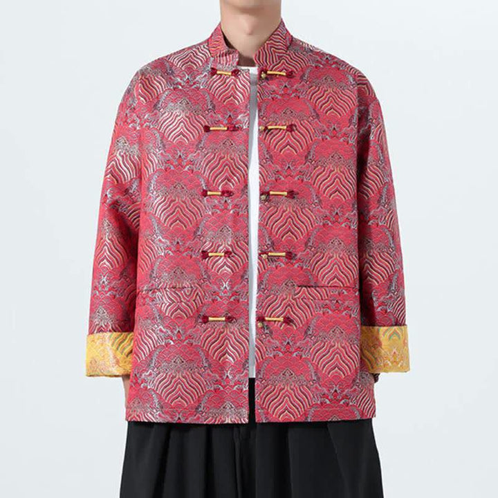 Buddha Stones Fall Winter Vintage Tang Style Frog Button Abstract Ocean Pattern Design Spandex Men's Jacket With Pockets - Crimson - US/UK/AU46，EU56 (5XL) - image 3
