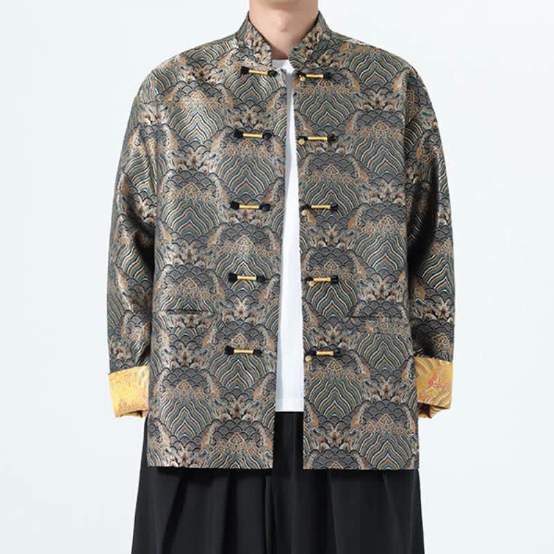 Buddha Stones Fall Winter Vintage Tang Style Frog Button Abstract Ocean Pattern Design Spandex Men's Jacket With Pockets - DarkOliveGreen - US/UK/AU46，EU56 (5XL) - image 12