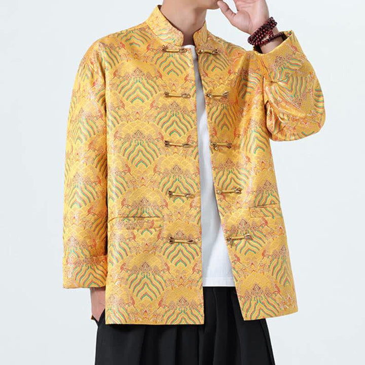 Buddha Stones Fall Winter Vintage Tang Style Frog Button Abstract Ocean Pattern Design Spandex Men's Jacket With Pockets - image 7