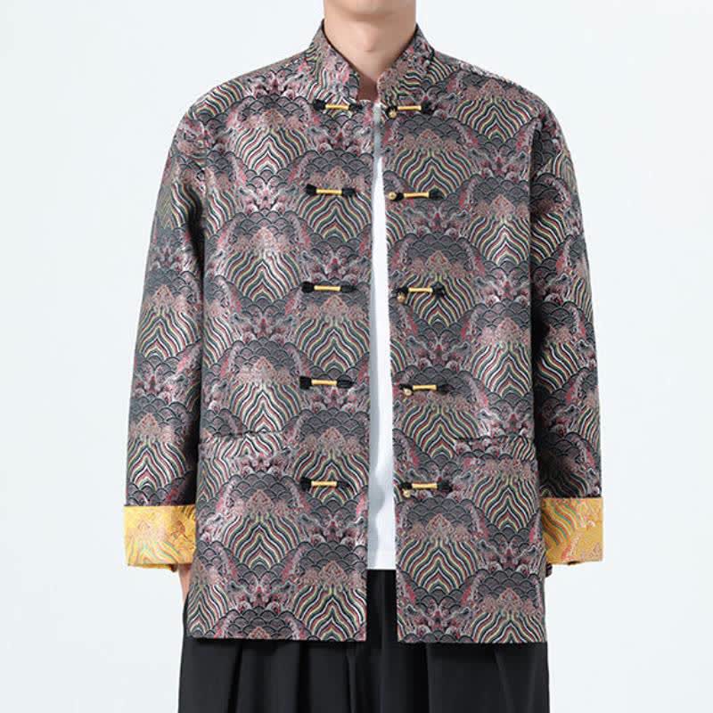 Buddha Stones Fall Winter Vintage Tang Style Frog Button Abstract Ocean Pattern Design Spandex Men's Jacket With Pockets - image 1