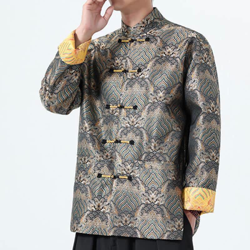 Buddha Stones Fall Winter Vintage Tang Style Frog Button Abstract Ocean Pattern Design Spandex Men's Jacket With Pockets - image 15