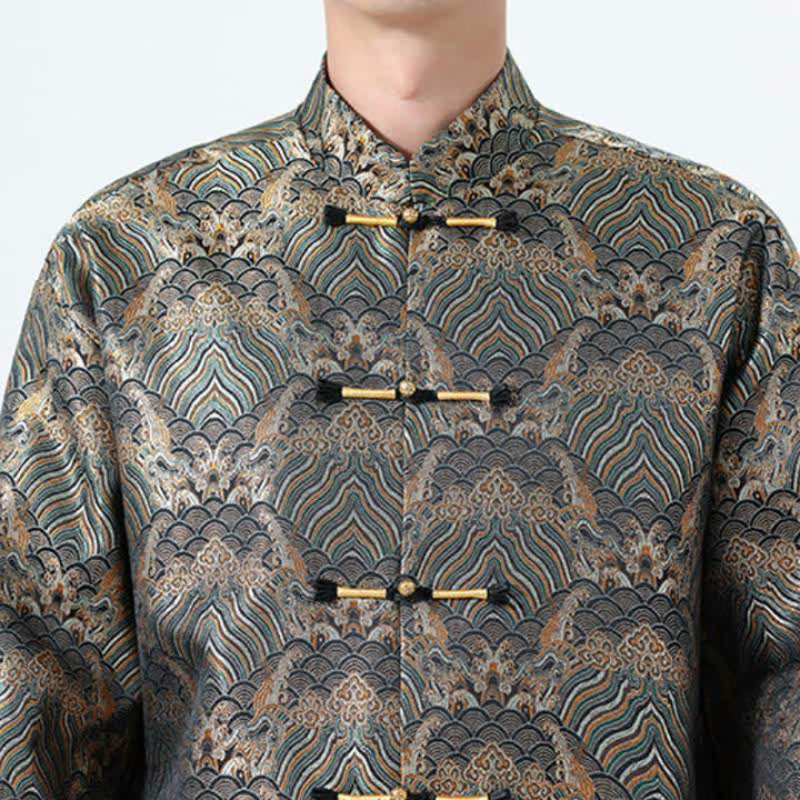 Buddha Stones Fall Winter Vintage Tang Style Frog Button Abstract Ocean Pattern Design Spandex Men's Jacket With Pockets - image 17