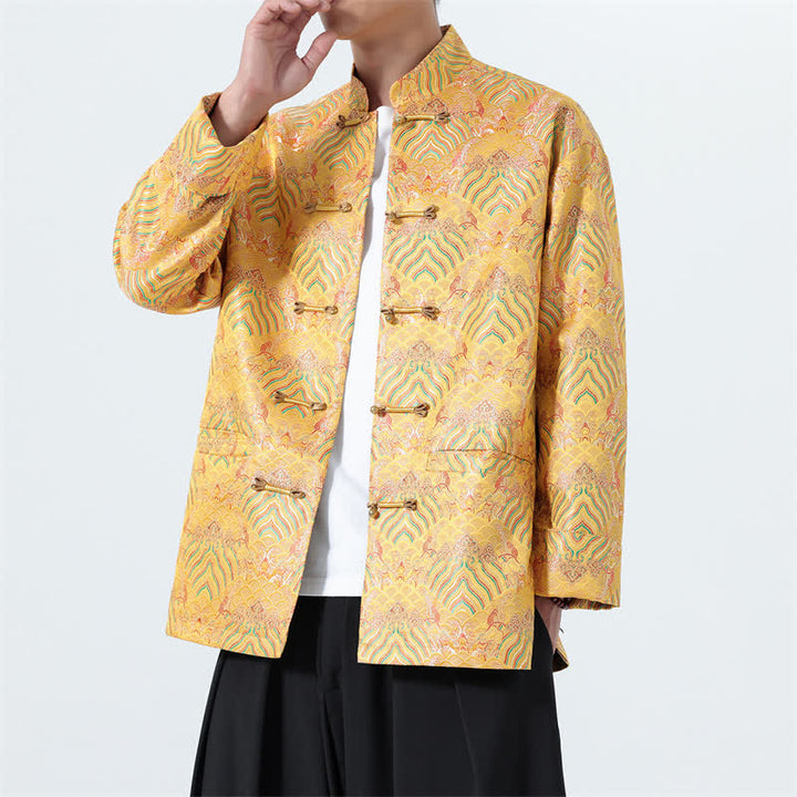 Buddha Stones Fall Winter Vintage Tang Style Frog Button Abstract Ocean Pattern Design Spandex Men's Jacket With Pockets - image 10