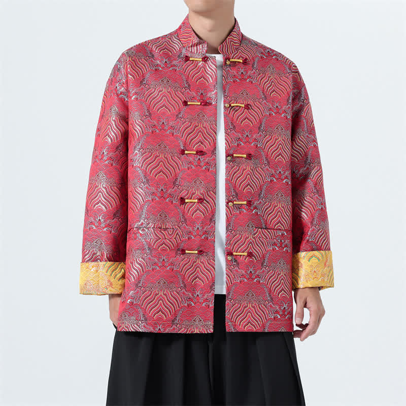 Buddha Stones Fall Winter Vintage Tang Style Frog Button Abstract Ocean Pattern Design Spandex Men's Jacket With Pockets - image 4
