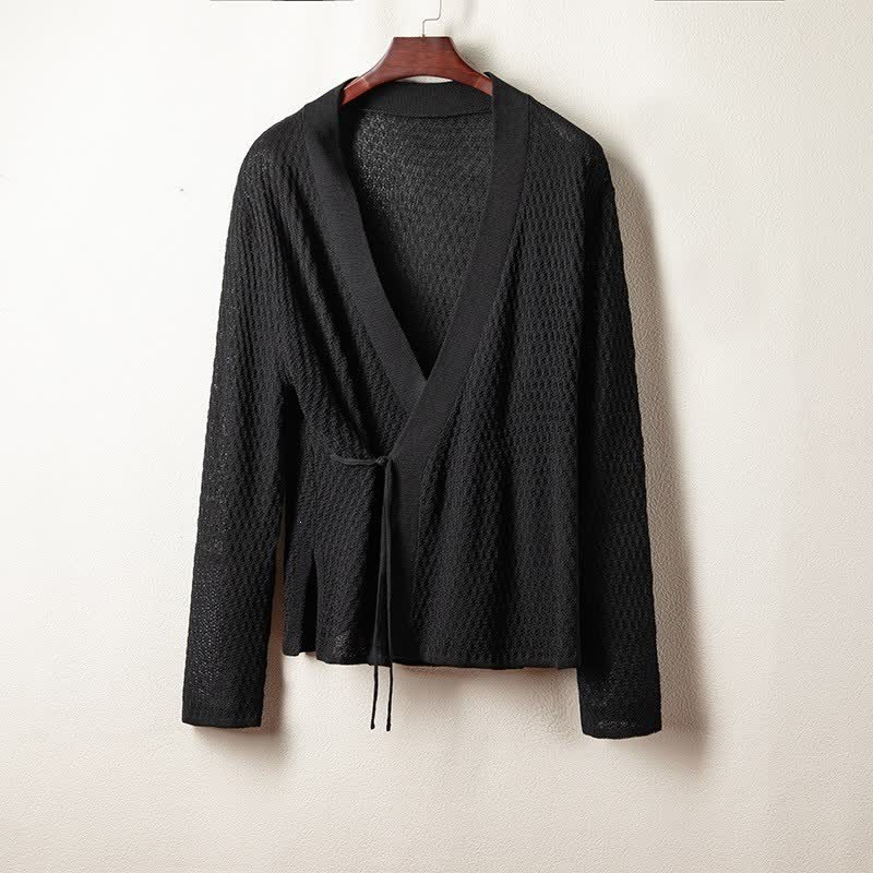 Buddha Stones Spring Casual Plain Solid Lace-up V-Neck Men's Kimono - Black - US/UK/AU42，EU52 (3XL) - image 0