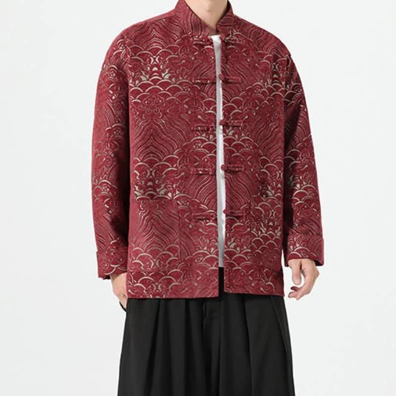 Buddha Stones Fall Winter Tang Style Vintage Mandarin Collar Frog Button Cloud Pattern Spandex Men's Jacket With Pockets - image 3