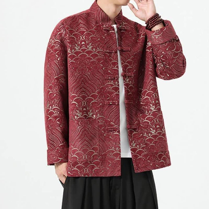 Buddha Stones Fall Winter Tang Style Vintage Mandarin Collar Frog Button Cloud Pattern Spandex Men's Jacket With Pockets - image 5