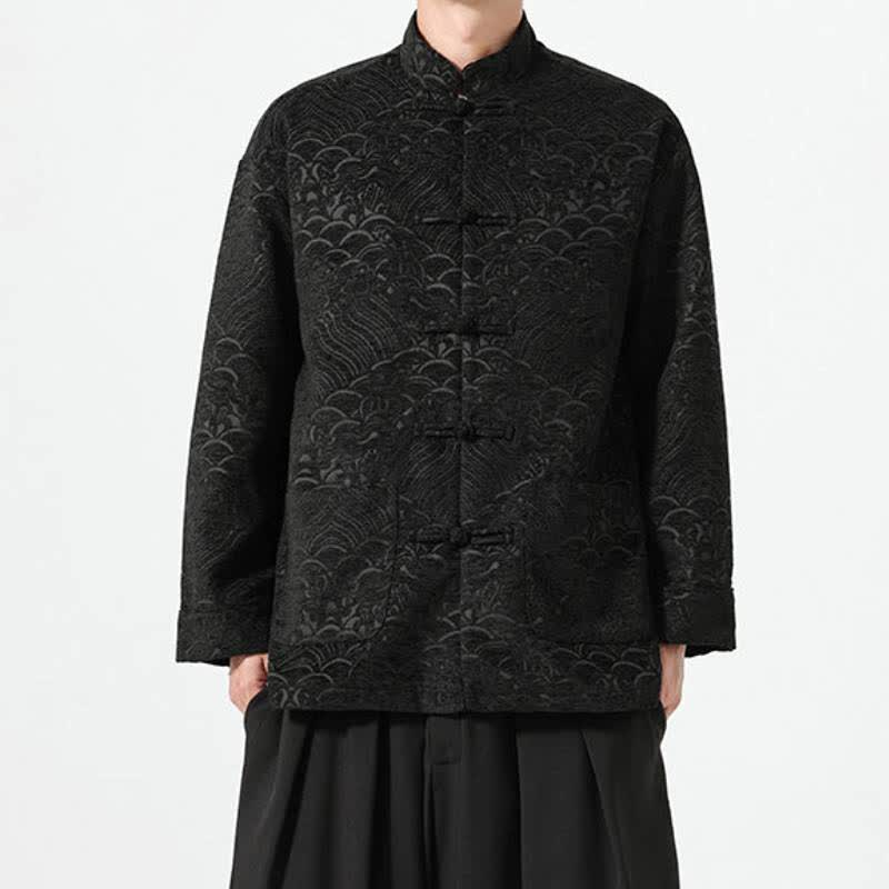 Buddha Stones Fall Winter Tang Style Vintage Mandarin Collar Frog Button Cloud Pattern Spandex Men's Jacket With Pockets - image 10