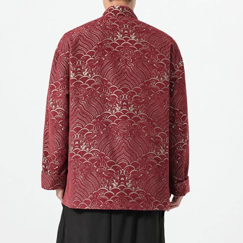 Buddha Stones Fall Winter Tang Style Vintage Mandarin Collar Frog Button Cloud Pattern Spandex Men's Jacket With Pockets - image 4