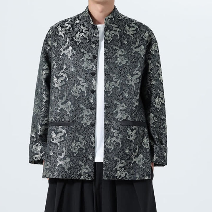 Buddha Stones Fall Winter Tang Style Elegant Mandarin Collar Abstract Dragon Men's Jacket With Pockets - image 8