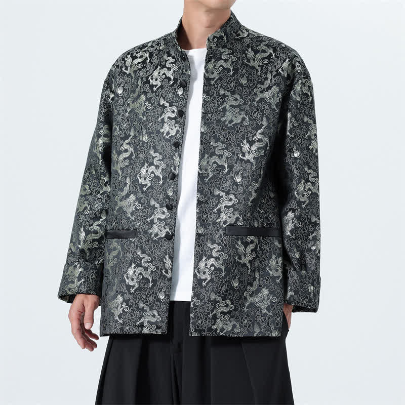 Buddha Stones Fall Winter Tang Style Elegant Mandarin Collar Abstract Dragon Men's Jacket With Pockets - Black - US/UK/AU46，EU56 (5XL) - image 0