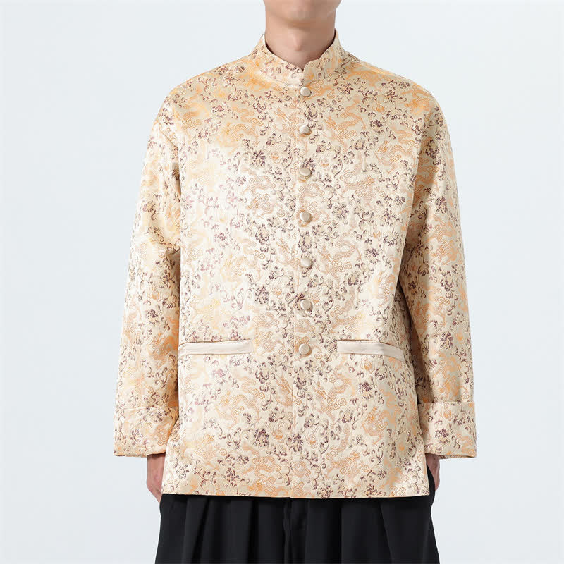 Buddha Stones Fall Winter Tang Style Elegant Mandarin Collar Abstract Dragon Men's Jacket With Pockets - LemonChiffon - US/UK/AU46，EU56 (5XL) - image 22