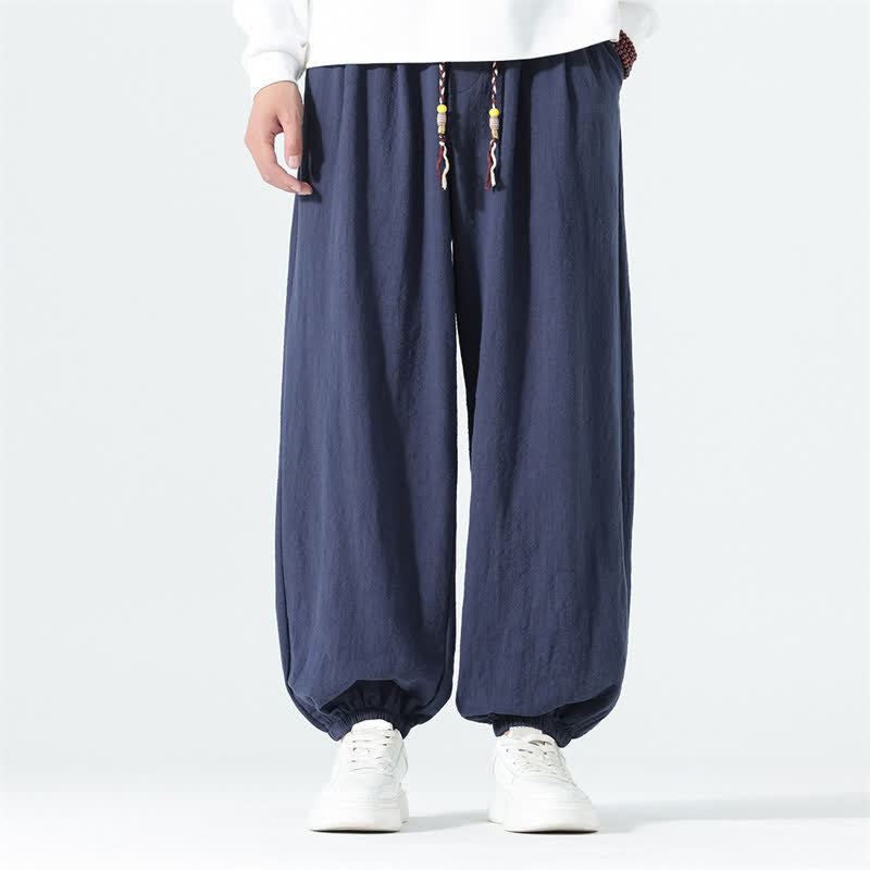 Buddha Stones Spring Summer Casual Minimalist Drawstring Solid Cotton Ankle Pants Men's Tapered Pants With Pockets - Navy - US/UK/AU46，EU56 (5XL) - image 0