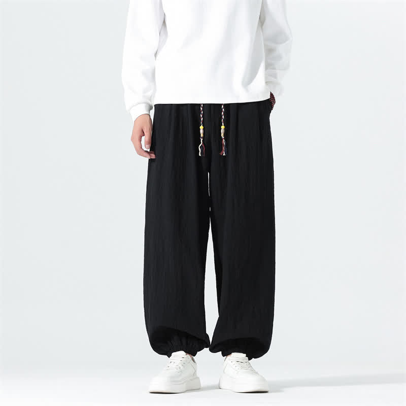 Buddha Stones Spring Summer Casual Minimalist Drawstring Solid Cotton Ankle Pants Men's Tapered Pants With Pockets - Black - US/UK/AU46，EU56 (5XL) - image 8