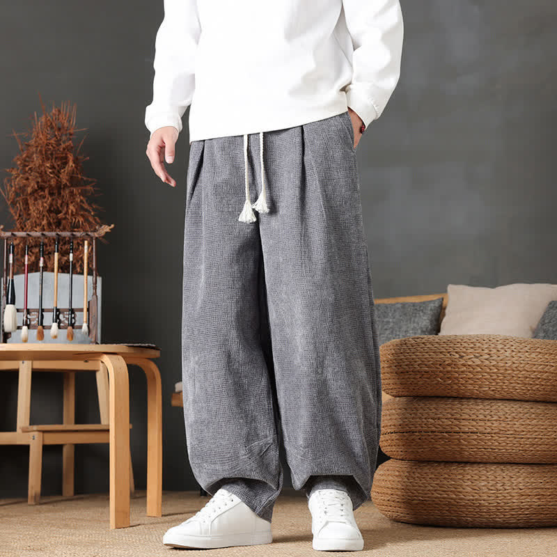 Buddha Stones Fall Winter Casual Vintage Drawstring Solid Ankle Pants Corduroy Men's Straight Leg Pants With Pockets - Gray - US/UK/AU46，EU56 (5XL) - image 0