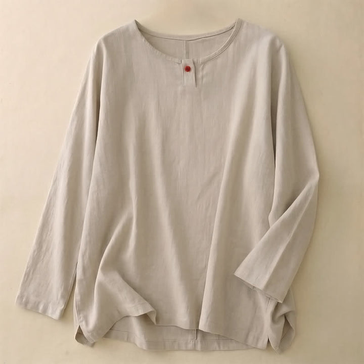 Buddha Stones Spring Fall Casual Simple Solid Crew Neck Design Cotton Women's Long Sleeve T-Shirt - Linen - US14，UK/AU18，EU46 (2XL) - image 0