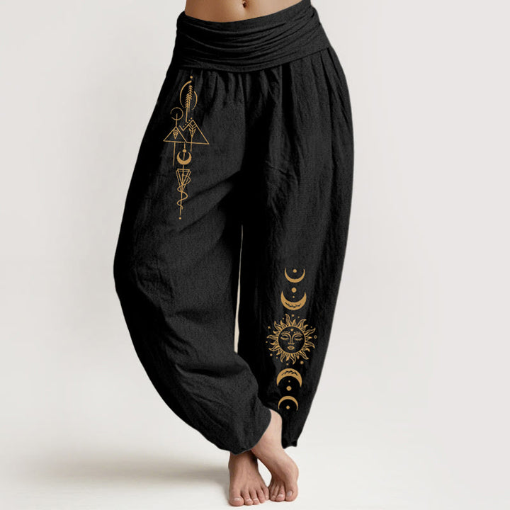 Buddha Stones Pure Cotton Concise Sun Moon Geometric Pattern Women's Elastic Waist Harem Pants - Black - US16，UK/AU20，EU48 (3XL) - image 0