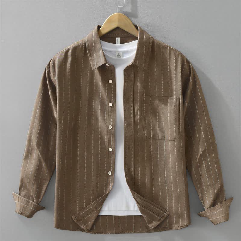Buddha Stones Fall Casual Vintage Button-Up Striped Cotton Men's Long Sleeve Shirts With Pocket - SaddleBrown - US/UK/AU42，EU52 (3XL) - image 0