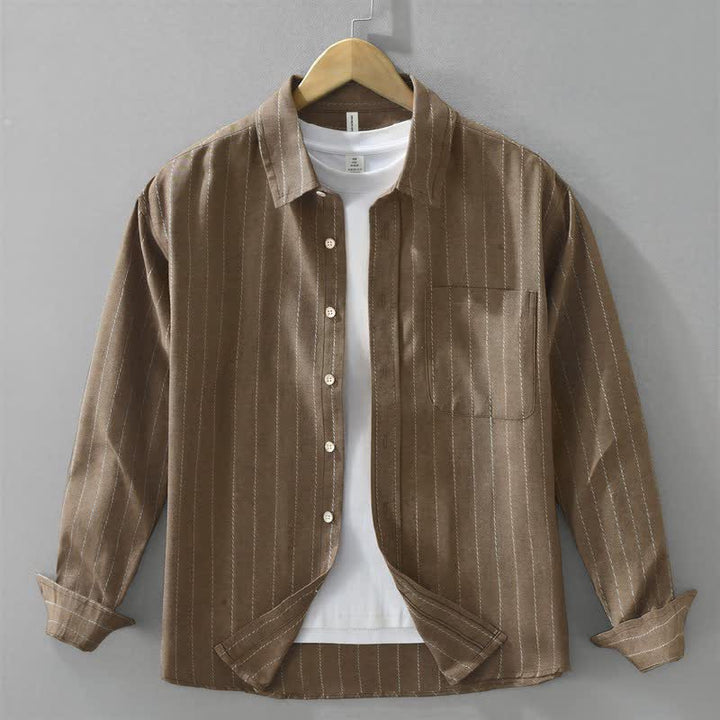 Buddha Stones Fall Casual Vintage Button-Up Striped Cotton Men's Long Sleeve Shirts With Pocket - SaddleBrown - US/UK/AU42，EU52 (3XL) - image 0