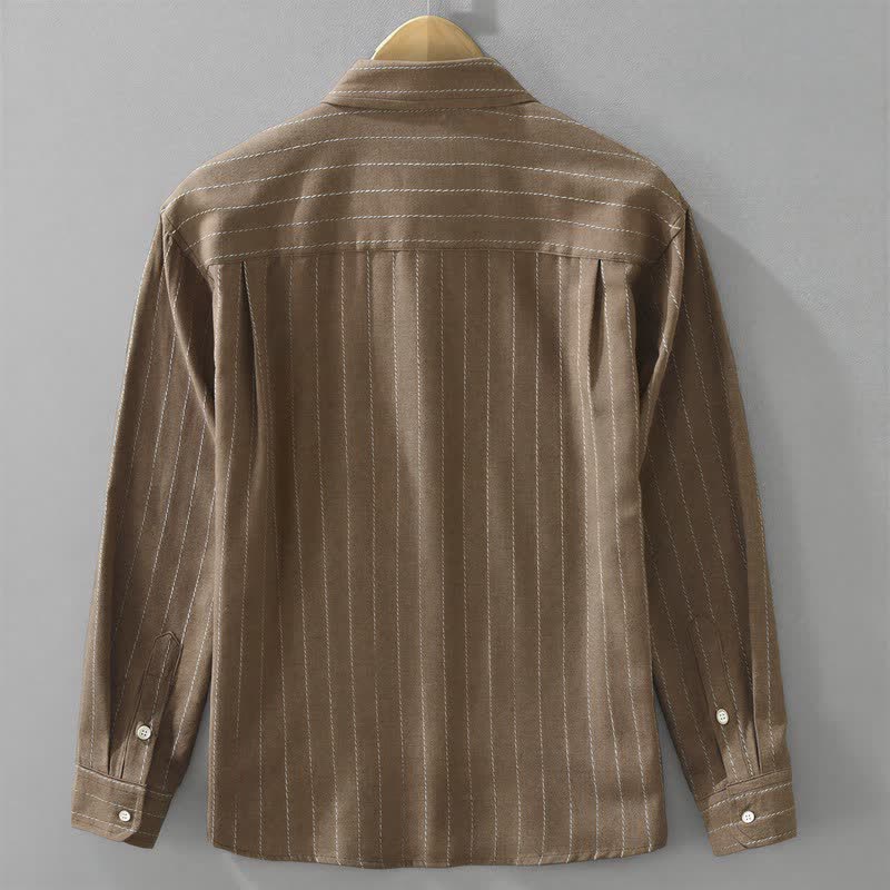 Buddha Stones Fall Casual Vintage Button-Up Striped Cotton Men's Long Sleeve Shirts With Pocket - image 1