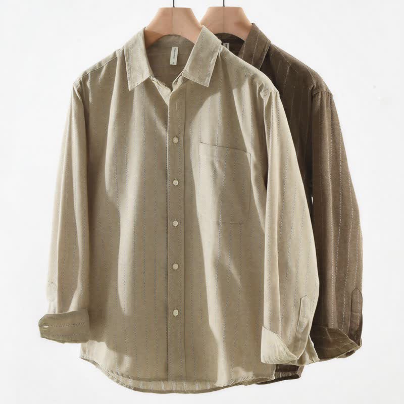 Buddha Stones Fall Casual Vintage Button-Up Striped Cotton Men's Long Sleeve Shirts With Pocket - image 10