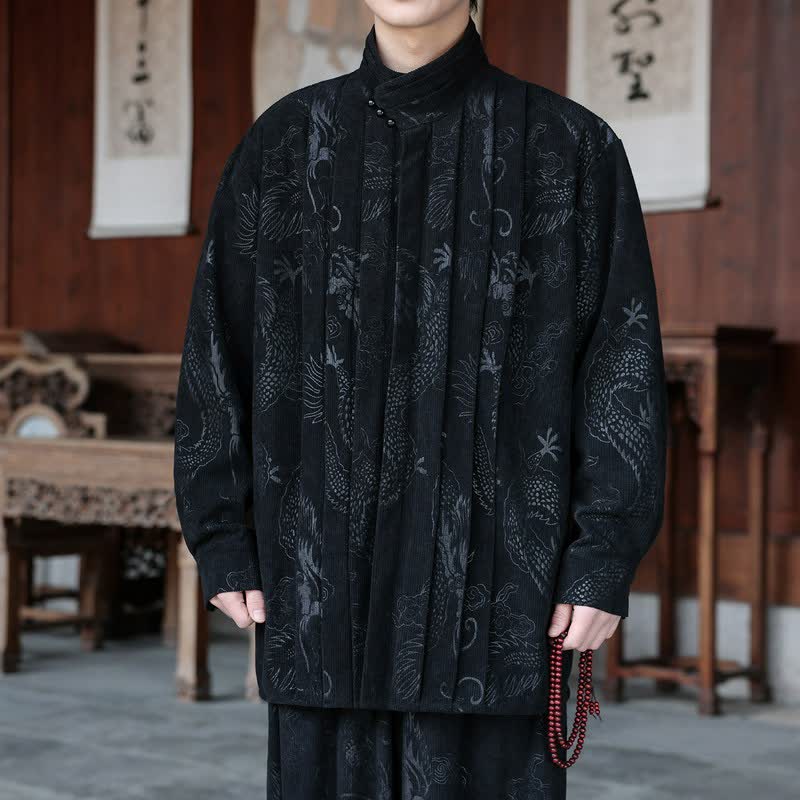 Buddha Stones Fall Winter Casual Tang Style Mandarin Collar Abstract Corduroy Men's Jackets - Black - US/UK/AU46，EU56 (5XL) - image 8