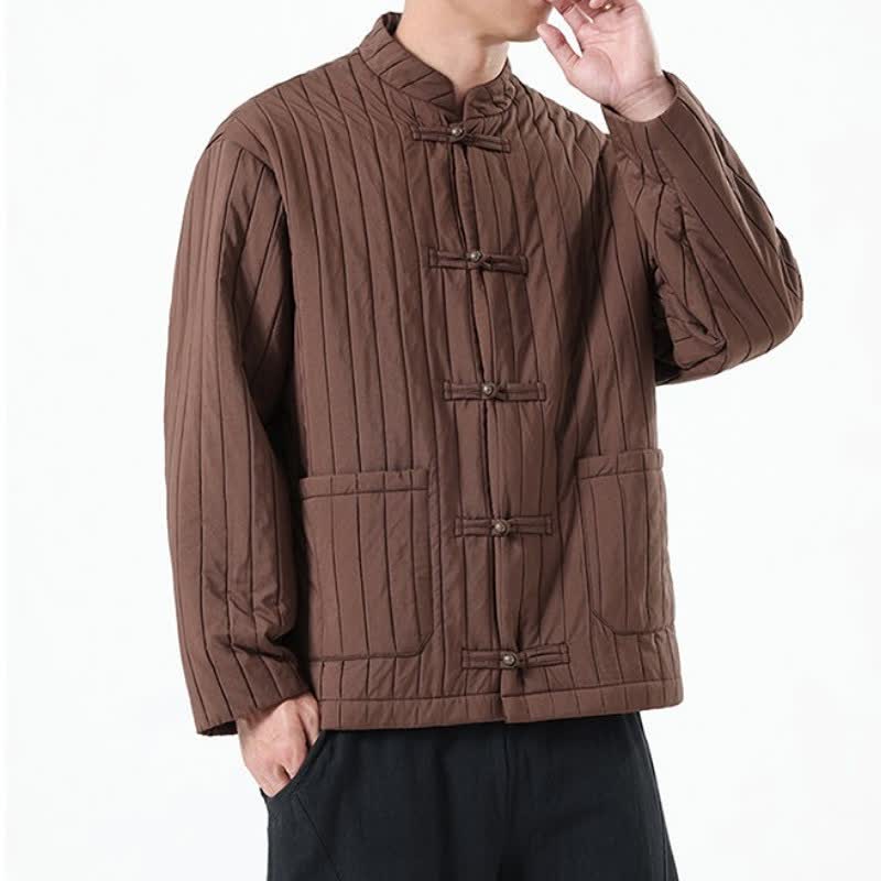Buddha Stones Fall Winter Casual Tang Style Frog Button Solid Men's Jackets With Pocket - image 4
