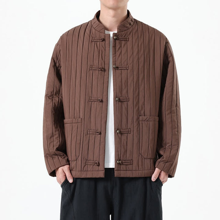 Buddha Stones Fall Winter Casual Tang Style Frog Button Solid Men's Jackets With Pocket - SaddleBrown - US/UK/AU46，EU56 (5XL) - image 0