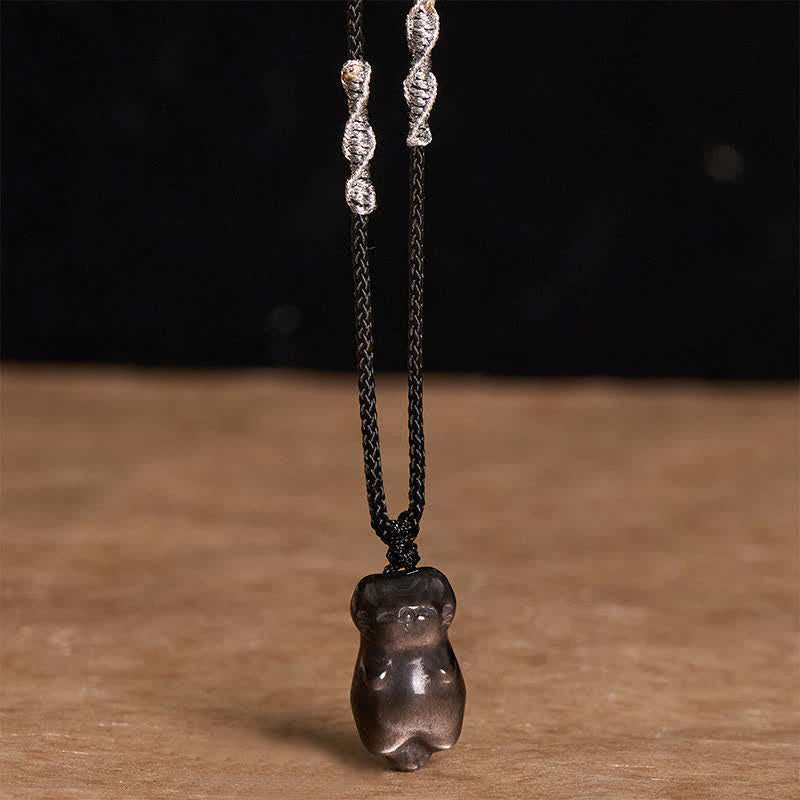 Buddha Stones Silver Sheen Obsidian Cat Pendant Grounding Braided Cord Necklace - image 2