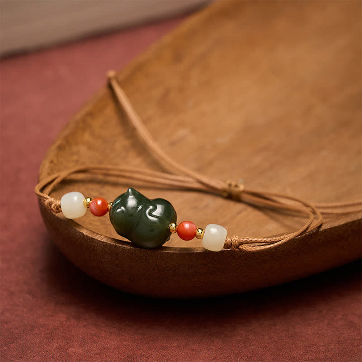 Buddha Stones Natural Hetian Jade Cat Hand-Woven Abundance Bracelet - image 3