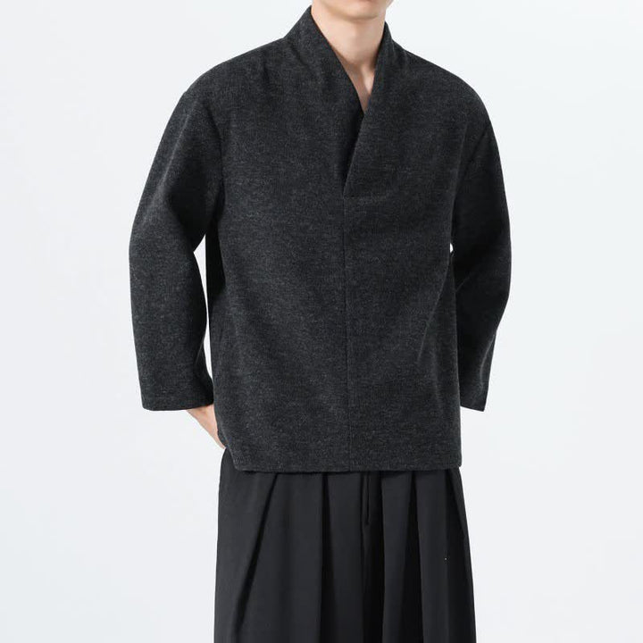 Buddha Stones Fall Winter Minimalist Casual Solid V-Neck Men's Long Sleeve T-Shirts - image 18