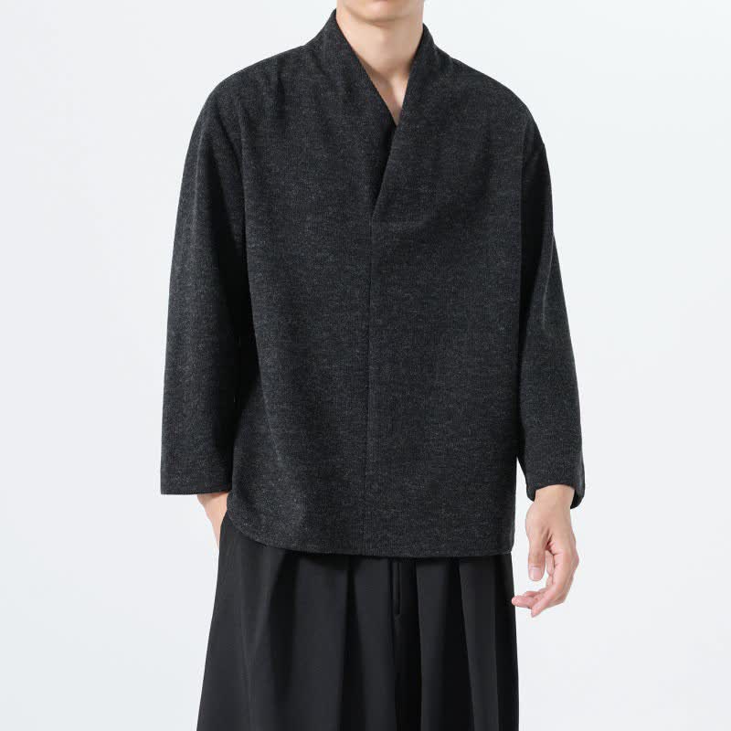 Buddha Stones Fall Winter Minimalist Casual Solid V-Neck Men's Long Sleeve T-Shirts - image 17
