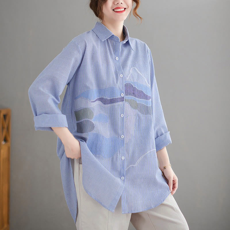 Buddha Stones Spring Fall Casual Vintage Button-Up Abstract Clouds Women's Long Sleeve Shirts - LightBlue - US14, UK/AU18, EU46 (4XL) - image 0