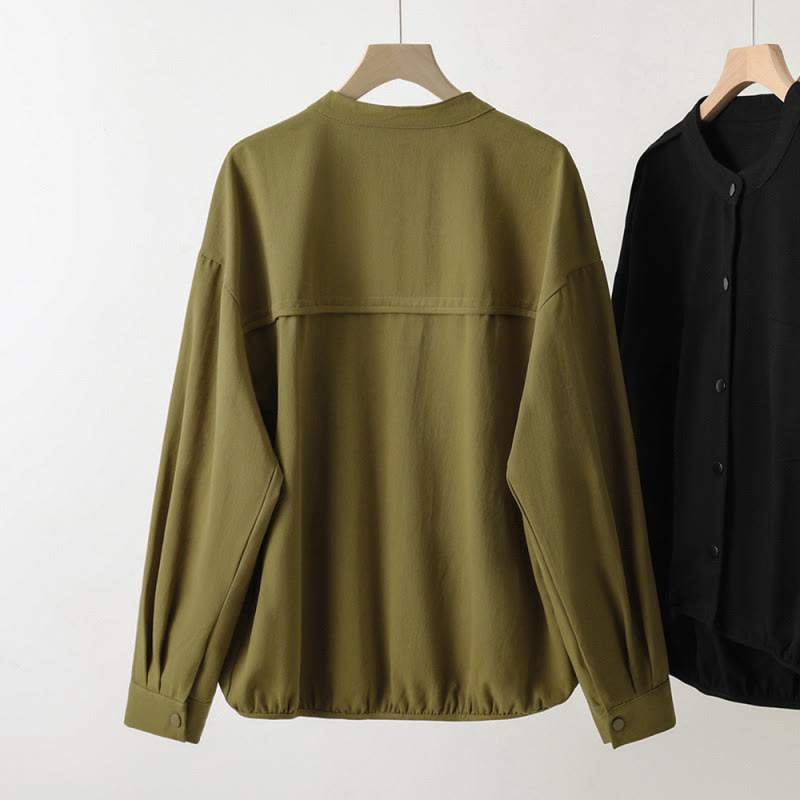 Buddha Stones Fall Casual Tang Style Mandarin Collar Solid Women's Jacket With Patch Pocket - image 1