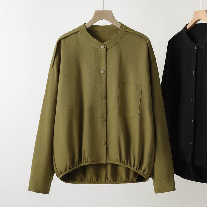 Buddha Stones Fall Casual Tang Style Mandarin Collar Solid Women's Jacket With Patch Pocket - DarkKhaki - US8-10, UK/AU12-14, EU40-42 (2XL) - image 0