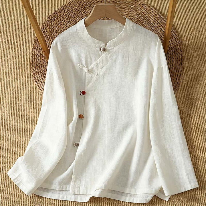 Buddha Stones Spring Fall Vintage Tang Style Frog Button Solid Women's Long Sleeve Shirts - White - US8-10, UK/AU12-14, EU40-42 (2XL) - image 0