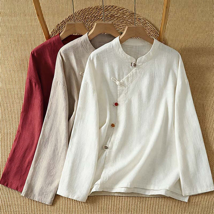 Buddha Stones Spring Fall Vintage Tang Style Frog Button Solid Women's Long Sleeve Shirts - image 20