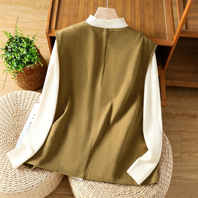 Buddha Stones Summer Casual Minimalist V-Neck Button-Up Solid Tank Top Women's Vest With Pocket - image 7
