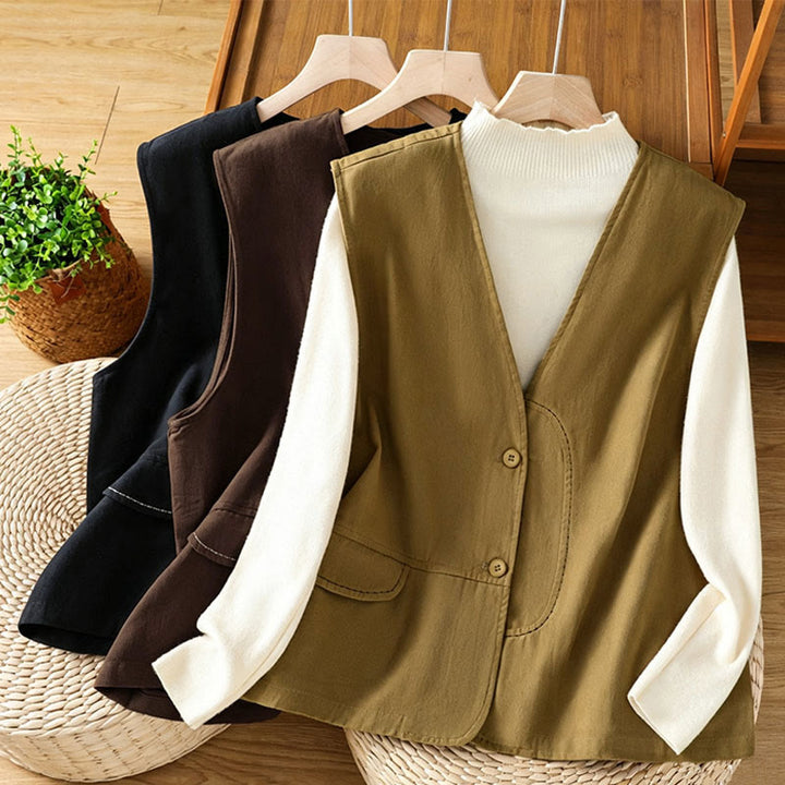 Buddha Stones Summer Casual Minimalist V-Neck Button-Up Solid Tank Top Women's Vest With Pocket - image 21