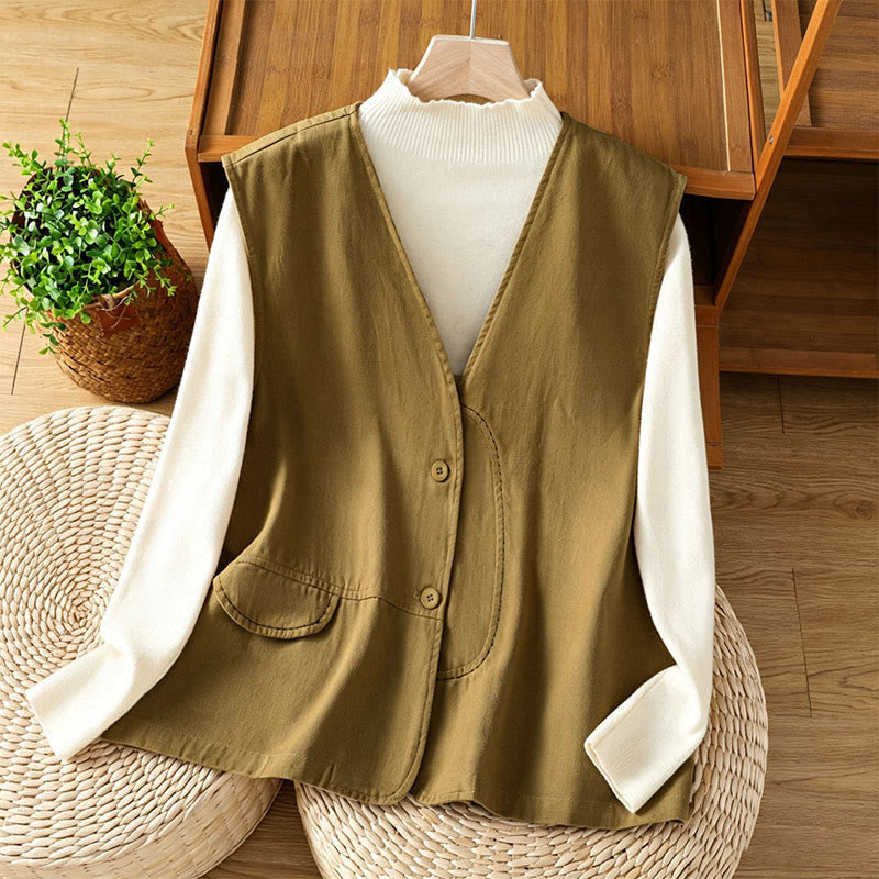 Buddha Stones Summer Casual Minimalist V-Neck Button-Up Solid Tank Top Women's Vest With Pocket - DarkKhaki - US12, UK/AU16, EU44 (2XL) - image 6
