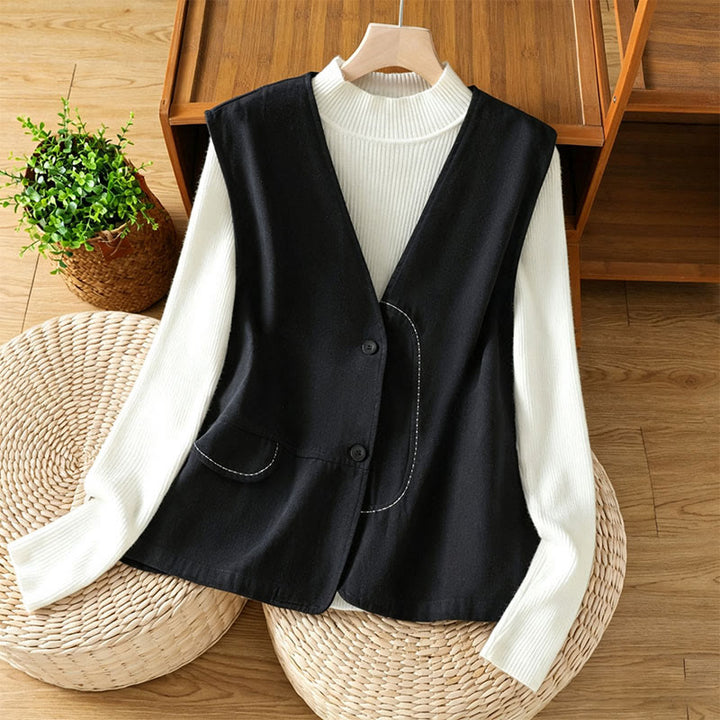 Buddha Stones Summer Casual Minimalist V-Neck Button-Up Solid Tank Top Women's Vest With Pocket - Black - US12, UK/AU16, EU44 (2XL) - image 0