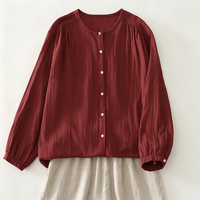 Buddha Stones Spring Fall Casual Vintage Button-Up Solid Women's Long Sleeve Shirts - FireBrick - US12, UK/AU16, EU44 (2XL) - image 2